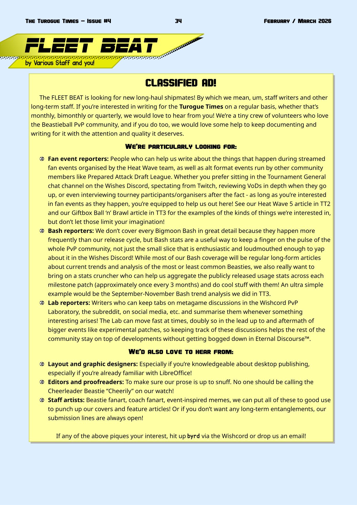 Page 34. A 'classified ad' requesting more volunteer help if you want the Turogue Times to keep going!